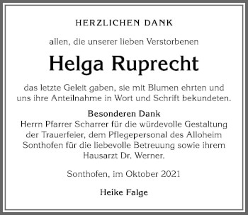 Traueranzeige von Helga Ruprecht von Allgäuer Anzeigeblatt