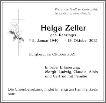 Traueranzeige von Helga Zeller von Allgäuer Anzeigeblatt