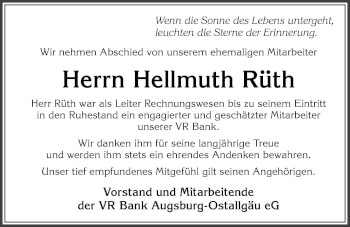 Traueranzeige von Hellmuth Rüth von Allgäuer Zeitung, Marktoberdorf