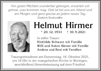 Traueranzeige von Helmut Hirmer von Memminger Zeitung