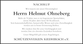 Traueranzeige von Helmut Ohneberg von Der Westallgäuer