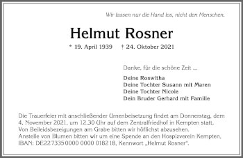 Traueranzeige von Helmut Rosner von Allgäuer Zeitung,Kempten