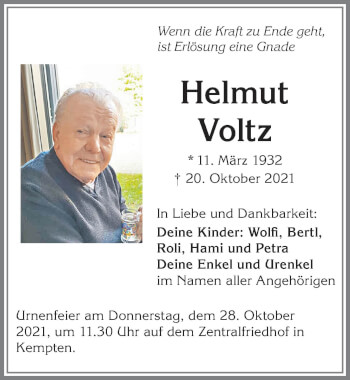 Traueranzeige von Helmut Voltz von Allgäuer Zeitung,Kempten