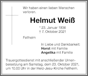 Traueranzeige von Helmut Weiß von Memminger Zeitung