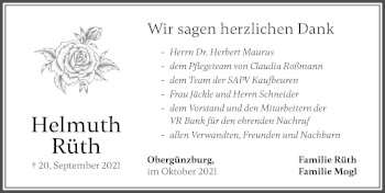 Traueranzeige von Helmuth Rüth von Allgäuer Zeitung, Marktoberdorf