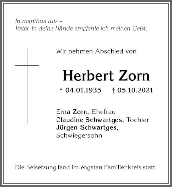 Traueranzeige von Herbert Zorn von Allgäuer Anzeigeblatt