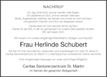 Traueranzeige von Herlinde Schubert von Der Westallgäuer