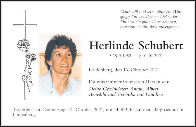  Traueranzeige für Herlinde Schubert vom 16.10.2021 aus Der Westallgäuer