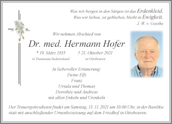 Traueranzeige von Hermann Hofer von Allgäuer Zeitung