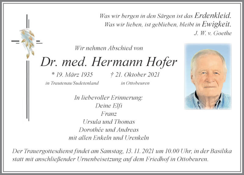  Traueranzeige für Hermann Hofer vom 30.10.2021 aus Allgäuer Zeitung