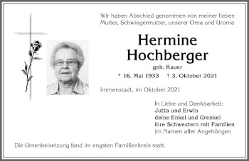 Traueranzeige von Hermine Hochberger von Allgäuer Anzeigeblatt