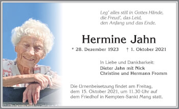 Traueranzeige von Hermine Jahn von Allgäuer Zeitung,Kempten
