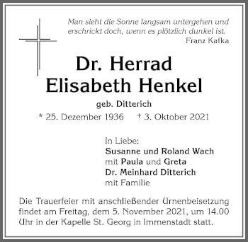 Traueranzeige von Herrad Elisabeth Henkel von Allgäuer Anzeigeblatt