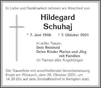 Traueranzeige von Hildegard Schuhaj von Allgäuer Zeitung,Kempten