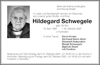 Traueranzeige von Hildegard Schwegele von Memminger Zeitung