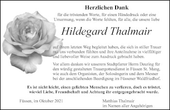 Traueranzeige von Hildegard Thalmair von Allgäuer Zeitung, Füssen