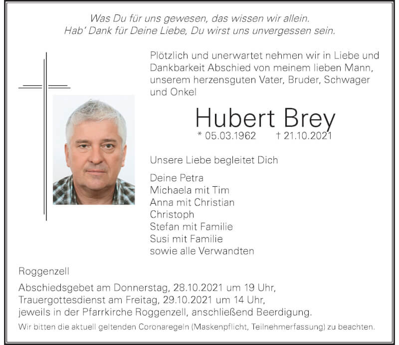  Traueranzeige für Hubert Brey vom 26.10.2021 aus Der Westallgäuer