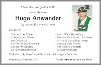 Traueranzeige von Hugo Anwander von Allgäuer Anzeigeblatt