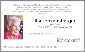 Traueranzeige von Ilse Enzensberger von Allgäuer Zeitung, Kaufbeuren/Buchloe