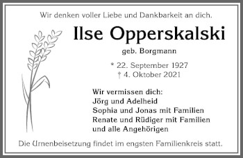 Traueranzeige von Ilse Opperskalski von Allgäuer Zeitung, Kaufbeuren/Buchloe