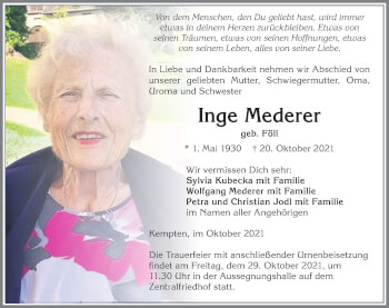 Traueranzeige von Inge Mederer von Allgäuer Zeitung,Kempten