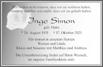 Traueranzeige von Inge Simon von Allgäuer Zeitung, Füssen