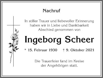 Traueranzeige von Ingeborg Scheer von Allgäuer Zeitung,Kempten