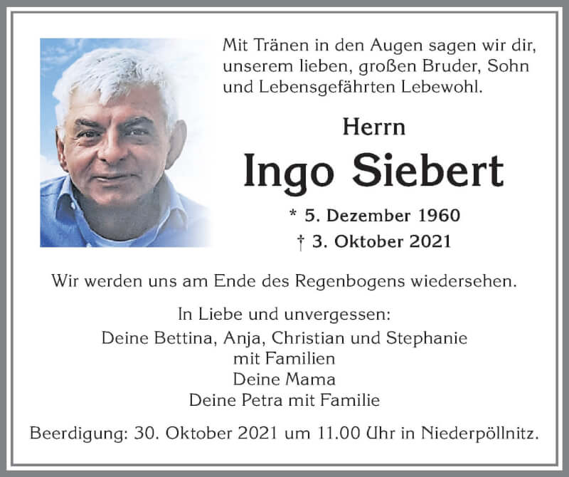  Traueranzeige für Ingo Siebert vom 09.10.2021 aus Memminger Zeitung