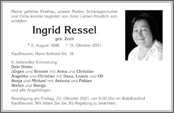 Traueranzeige von Ingrid Ressel von Allgäuer Zeitung, Kaufbeuren/Buchloe