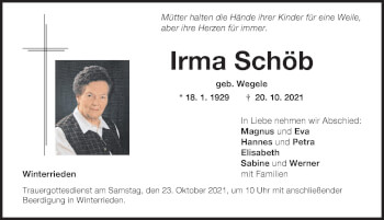 Traueranzeige von Irma Schöb von Allgäuer Zeitung