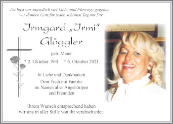 Traueranzeige von Irmgard Glöggler von Allgäuer Zeitung, Füssen