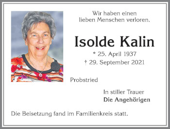 Traueranzeige von Isolde Kalin von Allgäuer Zeitung,Kempten