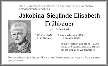 Traueranzeige von Jakobina Sieglinde Elisabeth Frühbauer von Allgäuer Zeitung, Kaufbeuren/Buchloe
