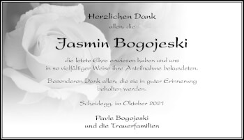 Traueranzeige von Jasmin Bogojeski von Der Westallgäuer