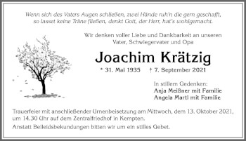 Traueranzeige von Joachim Krätzig von Allgäuer Zeitung,Kempten