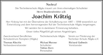 Traueranzeige von Joachim Krätzig von Allgäuer Zeitung,Kempten