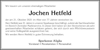 Traueranzeige von Jochen Hetfeld von Allgäuer Anzeigeblatt