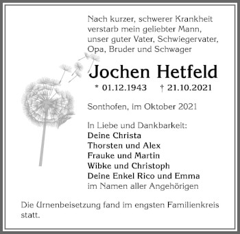 Traueranzeige von Jochen Hetfeld von Allgäuer Anzeigeblatt