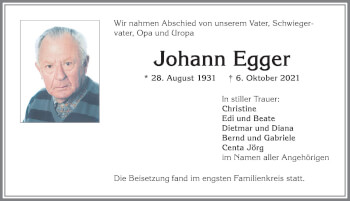 Traueranzeige von Johann Egger von Allgäuer Anzeigeblatt
