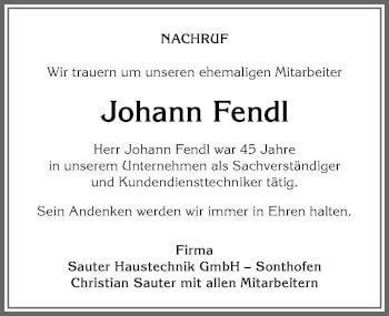 Traueranzeige von Johann Fendl von Allgäuer Anzeigeblatt