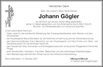 Traueranzeige von Johann Gögler von Memminger Zeitung