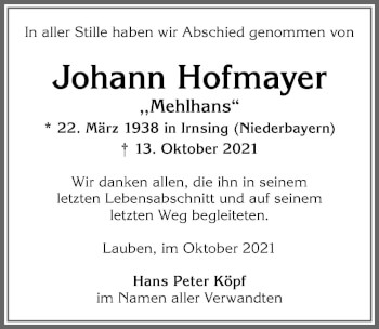 Traueranzeige von Johann Hofmayer von Allgäuer Zeitung,Kempten
