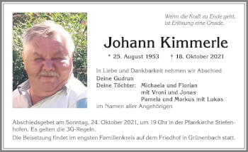 Traueranzeige von Johann Kimmerle von Allgäuer Zeitung