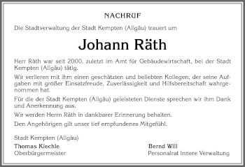 Traueranzeige von Johann Räth von Allgäuer Zeitung,Kempten
