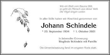 Traueranzeige von Johann Schindele von Allgäuer Zeitung,Kempten
