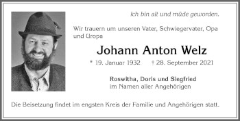 Traueranzeige von Johann Anton Welz von Memminger Zeitung