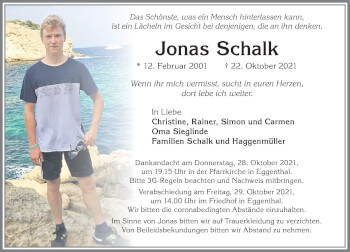Traueranzeige von Jonas Schalk von Allgäuer Zeitung, Kaufbeuren/Buchloe