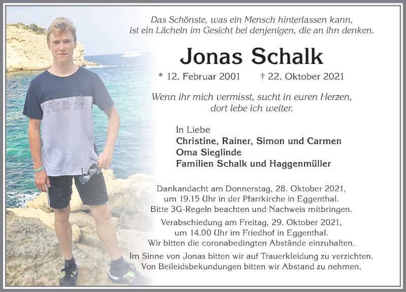  Traueranzeige für Jonas Schalk vom 27.10.2021 aus Allgäuer Zeitung, Kaufbeuren/Buchloe