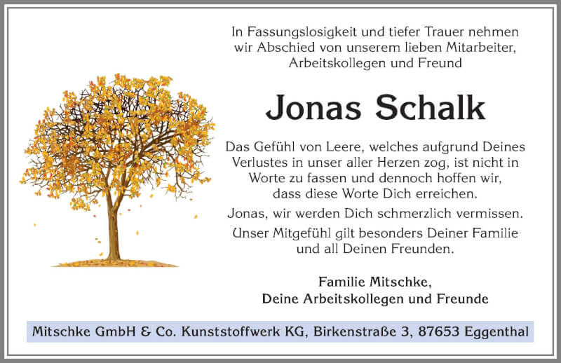  Traueranzeige für Jonas Schalk vom 29.10.2021 aus Allgäuer Zeitung