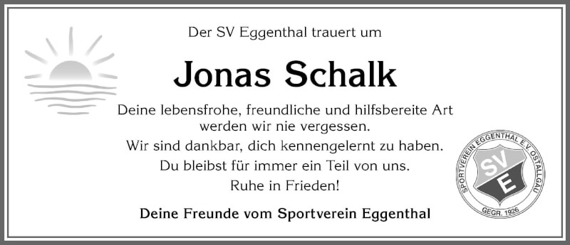  Traueranzeige für Jonas Schalk vom 30.10.2021 aus Allgäuer Zeitung, Kaufbeuren/Buchloe